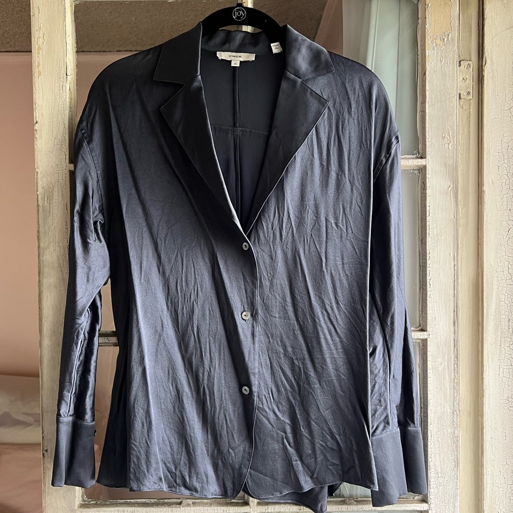 Vince Navy Blue Silk Tie Back Long Sleeve Button Down Blouse